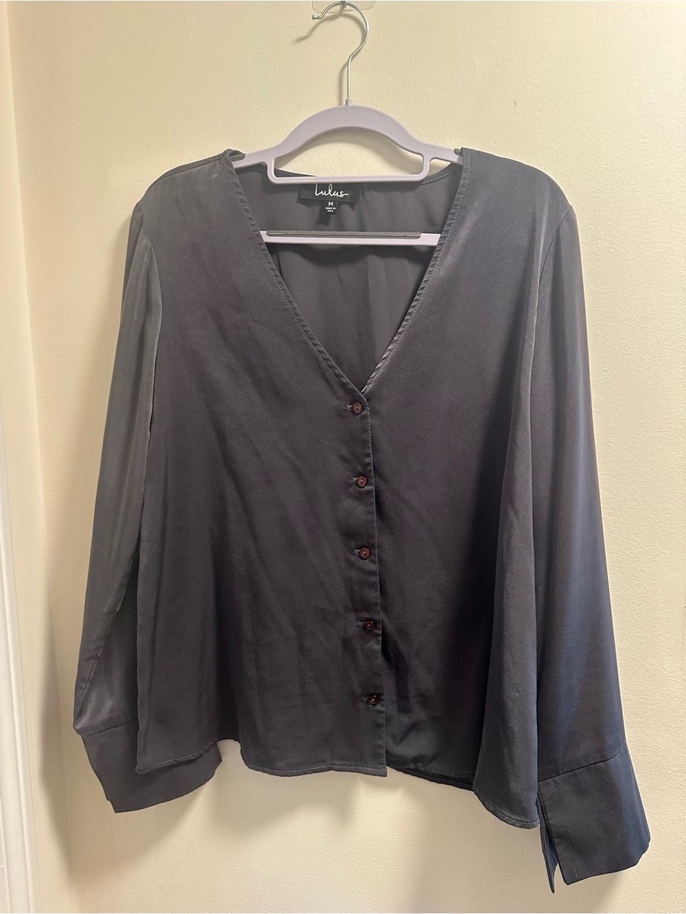 Lulu's Dark Gray V-Neck Button-Front Blouse